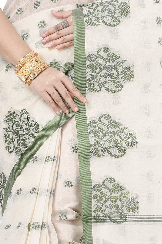 Green Pure Cotton Botgach Tant Saree (519)